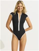 Collective Padded Cap Sleeve Zip Up Swimsuit