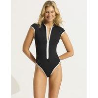 Seafolly Collective Padded Cap Sleeve Zip Up Swimsuit Black