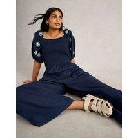 White Stuff Cotton Linen Blend Embroidered Jumpsuit Navy