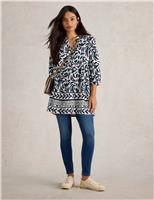 White Stuff Pure Cotton Printed V-Neck Tunic Blue Mix