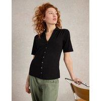 White Stuff Pure Cotton Jersey Collared Top Black