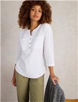 White Stuff Pure Cotton Round Neck Button Detail Shirt Green
