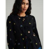Pure Cotton Embroidered Tie Front Blouse