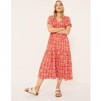 Cotton Rich Floral V-Neck Midi Waisted Dress