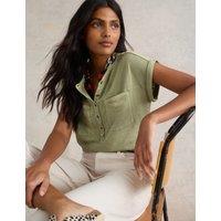 White Stuff Pure Cotton Crew Neck Button Detail Shirt Green