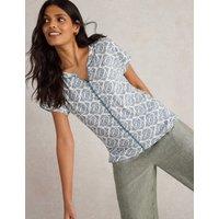 White Stuff Pure Cotton Embroidered Notch Neck T-Shirt Blue Mix