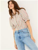 FatFace Pure Cotton Gingham Shirred Detail Shirt Multi
