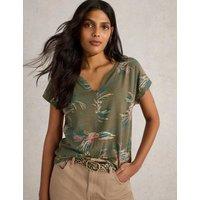White Stuff Pure Cotton Bird Print T-Shirt Green Mix
