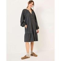 Denim Notch Neck Knee Length Tiered Dress
