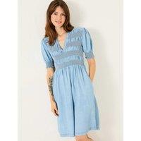 Lyocell Denim V-Neck Shirred Waisted Dress
