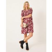 FatFace Floral V-Neck Knee Length Swing Dress Burgundy Mix