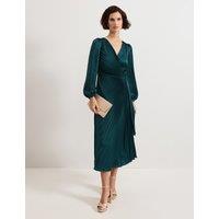 Pleated Tie Waist Midi Wrap Dress