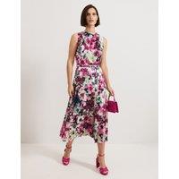 Floral Cowl Neck Pleated Midi Skater Dress