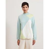 Argyle Funnel Neck Stepped Hem Jumper
