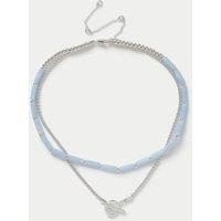 Silver Tone T-Bar and Blue Layering Necklace