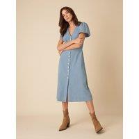 Pure Cotton Denim V-Neck Puff Sleeve Midi Dress