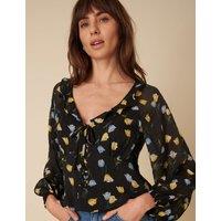 Floral V-Neck Tie Detail Fitted Blouse