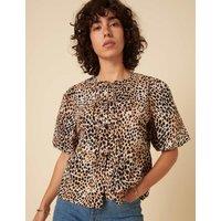 Pure Cotton Animal Print Collarless Tie Front Puff Sleeve Blouse