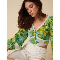 Printed V-Neck Lace Detail Top with Linen