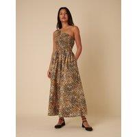 Pure Cotton Animal Print One Shoulder Midaxi Waisted Dress