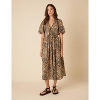 Pure Cotton Animal Print V-Neck Waisted Dress