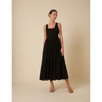 Square Neck Button Front Midaxi Waisted Dress with Linen