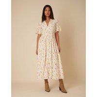 Pure Cotton Floral V-Neck Midaxi Waisted Dress