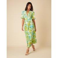 Pure Cotton Lemon Print V-Neck Button Front Midaxi Waisted Dress