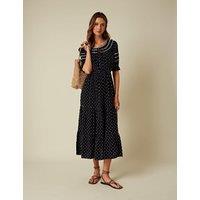 Pure Cotton Printed Tie Neck Midi Smock Dress
