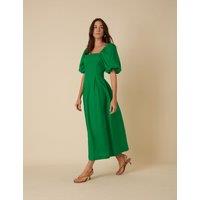 Pure Linen Square Neck Puff Sleeve Midi Dress