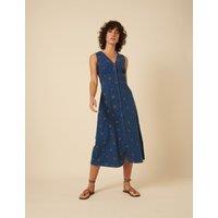 Denim Embroidered V-Neck Midi Tea Dress