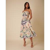 Pure Cotton Scarf Print Square Neck Strappy Midaxi Waisted Dress