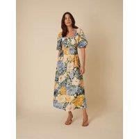 Pure Linen Floral Square Neck Waisted Dress