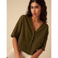 Nobody's Child Linen Rich V-Neck Relaxed Shirt Green