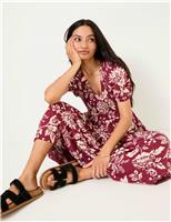 Cotton Rich Floral V-Neck Midi Waisted Dress