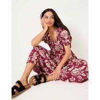 FatFace Cotton Rich Floral V-Neck Midi Waisted Dress Burgundy Mix