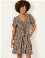 FatFace Cotton Rich Printed V-Neck Waisted Dress Black Mix