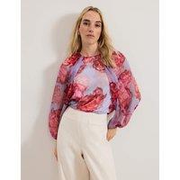 Pure Silk Floral Blouson Sleeve Blouse