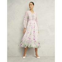 Silk Rich Floral V-Neck Midi Skater Dress