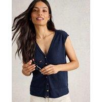 White Stuff V-Neck Sleeveless Cardigan with Linen Navy