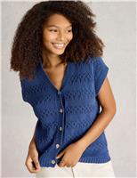White Stuff Pure Cotton Textured V-Neck Knitted Waistcoat Navy