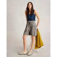 Linen Rich Printed Belted Pleat Front Shorts