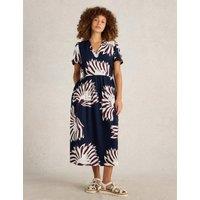 Linen Blend Printed V-Neck Waisted Dress