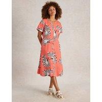 Linen Rich Printed Notch Neck Midi Tea Dress