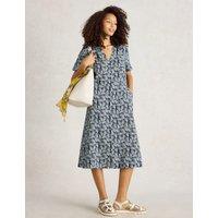 Pure Linen Printed V-Neck Midi Tea Dress