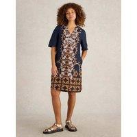 Pure Linen Printed Notch Neck Shift Dress