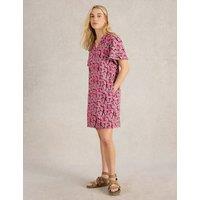 Linen Blend Printed V-Neck Shift Dress