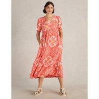 Printed V-Neck Empire Line Midi Tea Dress