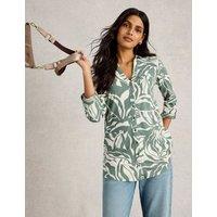 Pure Cotton Leaf Print Collared Longline Shirt