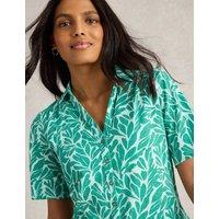 Pure Cotton Leaf Print Collared V-Neck Button Through Shirt